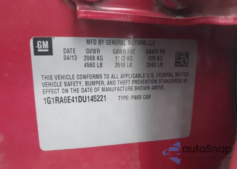 2013 Chevrolet Volt z USA, uszkodzony, nr VIN 1G1RA6E41DU145221